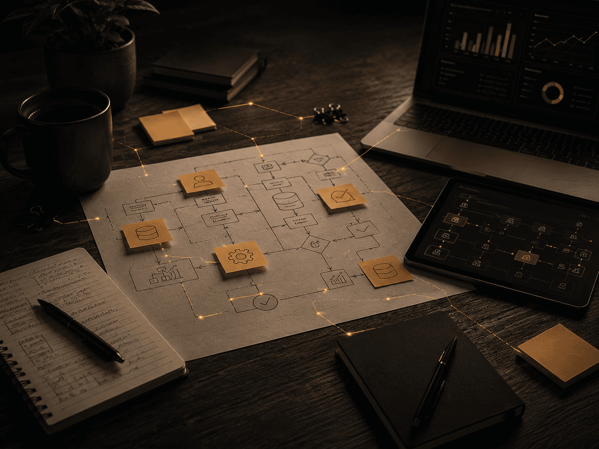 Mesa com processo mapeado, post-its e notebook