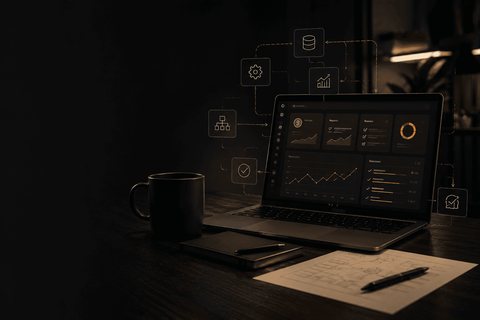 Notebook com dashboards, café e fluxos de automação